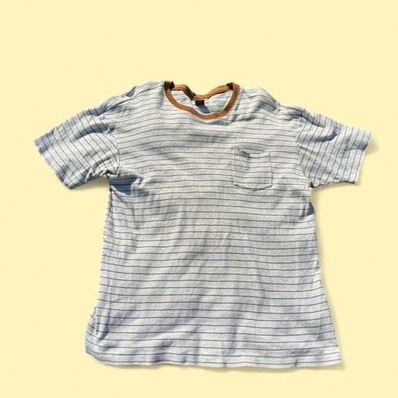 Vintage Guess Tan and Brown Striped Tee Shirt 100% cotton - Picture 1 of 4